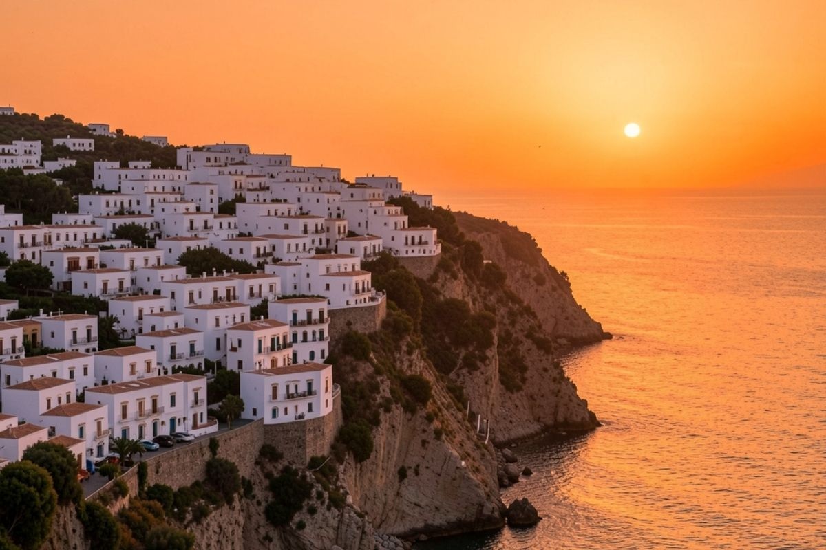 Vista panoramica del borgo di Peschici al tramonto con il centro storico bianco arroccato sulla scogliera e il mare sullo sfondo