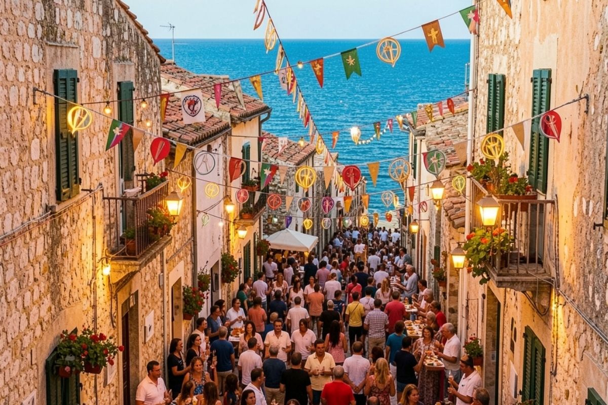 Scorcio panoramico di Peschici durante una festa tradizionale con luminarie, folla in festa e mare sullo sfondo